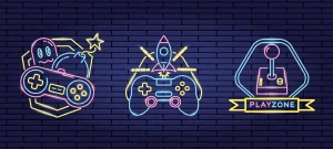 set of icons video game neon vector illustration