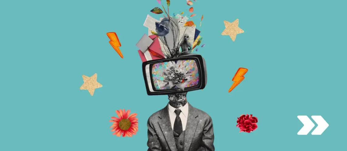 Imagen de una persona con traje y la cabeza es un televisor