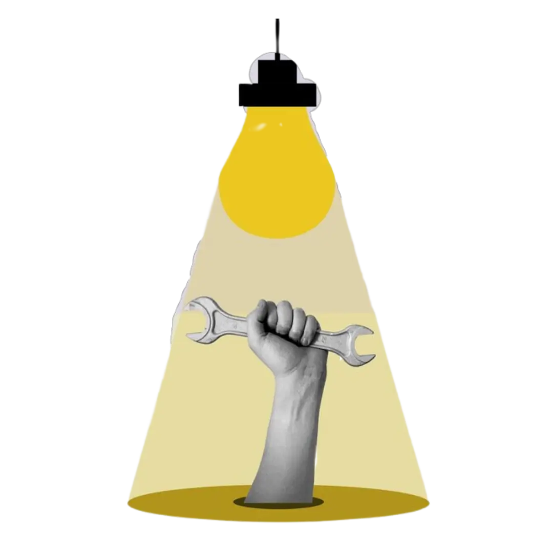 Imagen de una mano iluminada por una luz, sujetando una llave inglesa