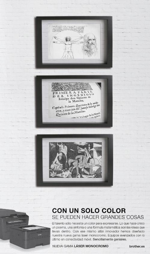 Imagen en blanco y negro con publicidad de Brother y 3 cuadros colgados en la pared.
