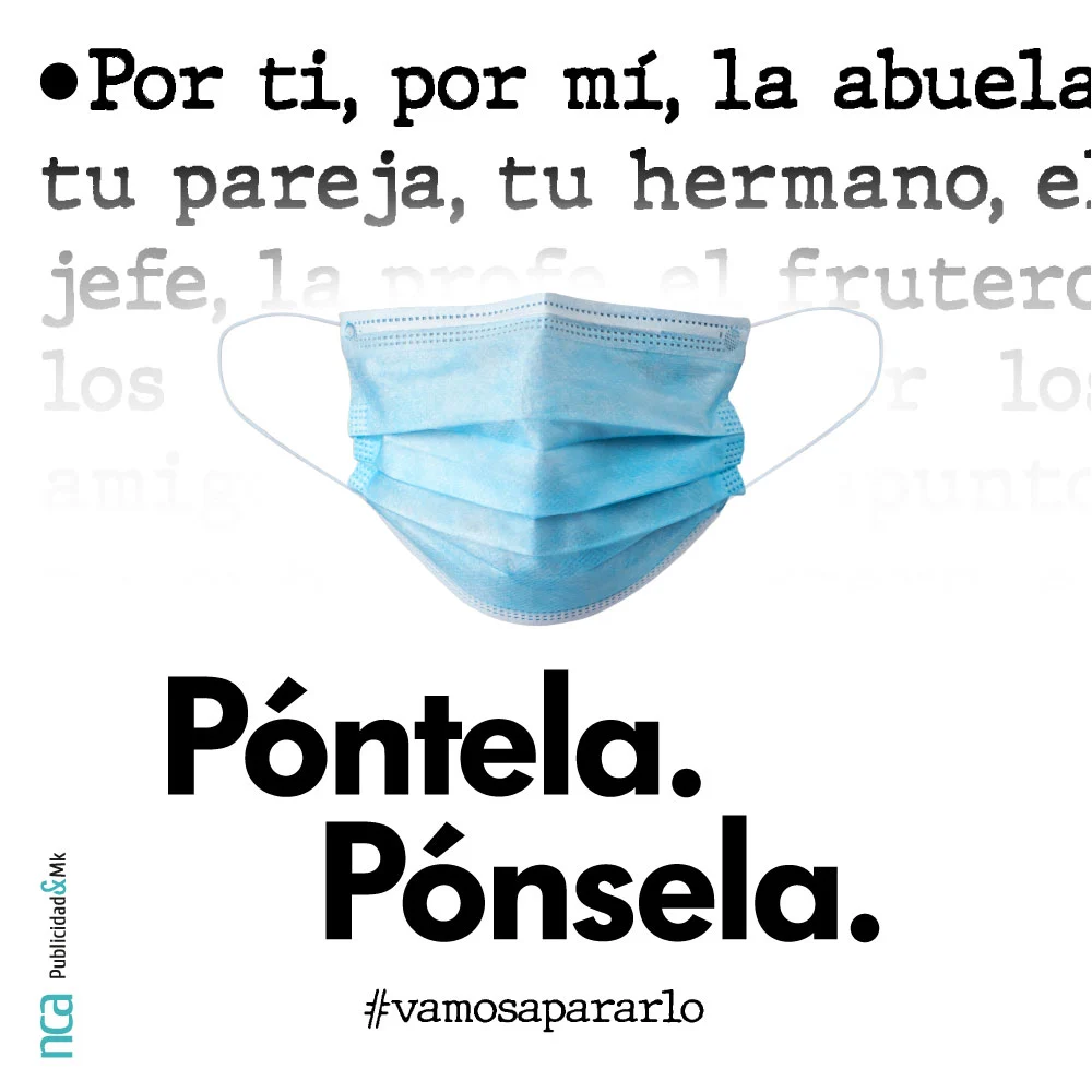 Imagen de una mascarilla quirúrjica con eslogan Póntela, Pónsela